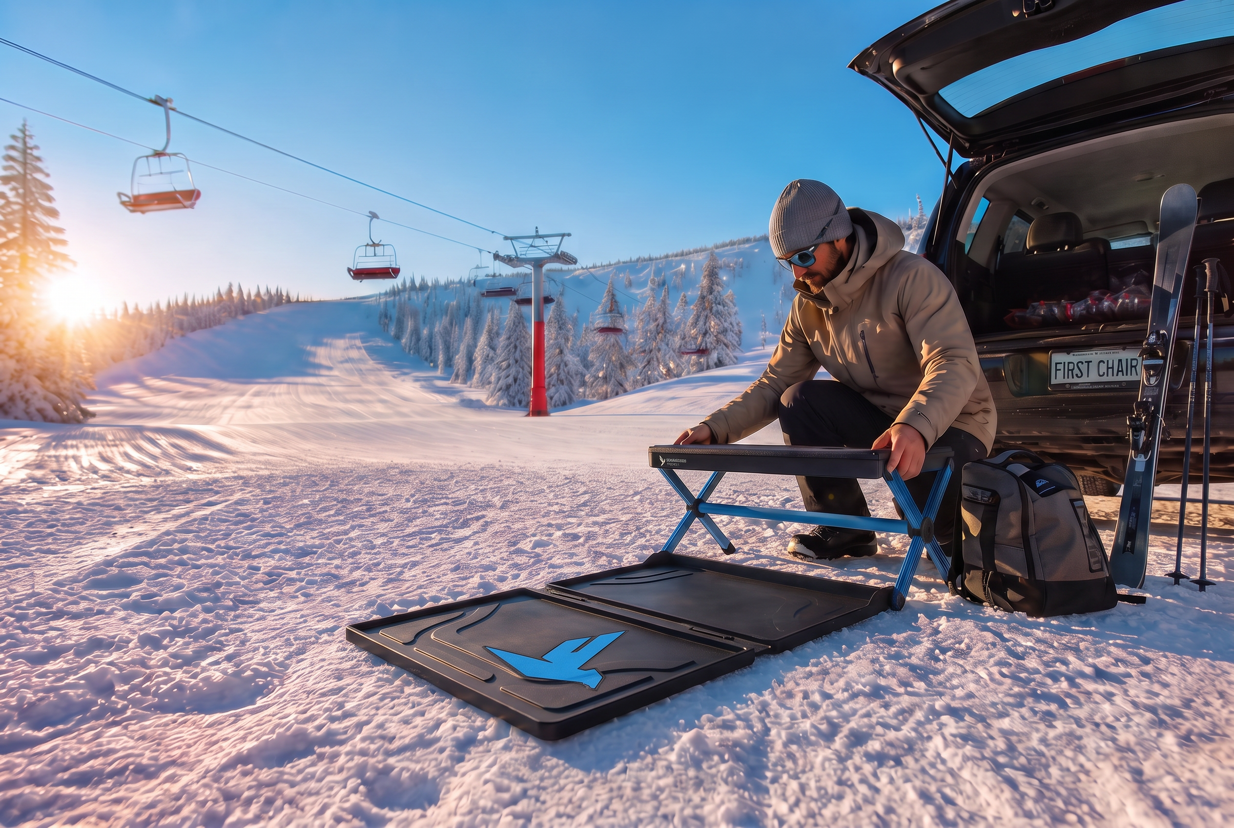 A skier gearing up on the First Chair changing station beside their vehicle at sunrise